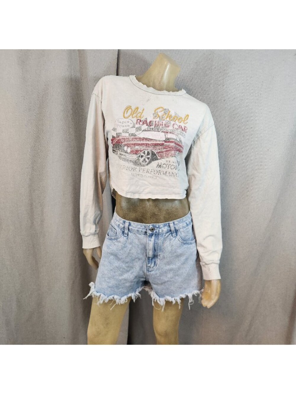Forever 21 Old School Racing Open Back Crew LS Graphic Print T Shirt Top SMALL - Picture 1 of 8
